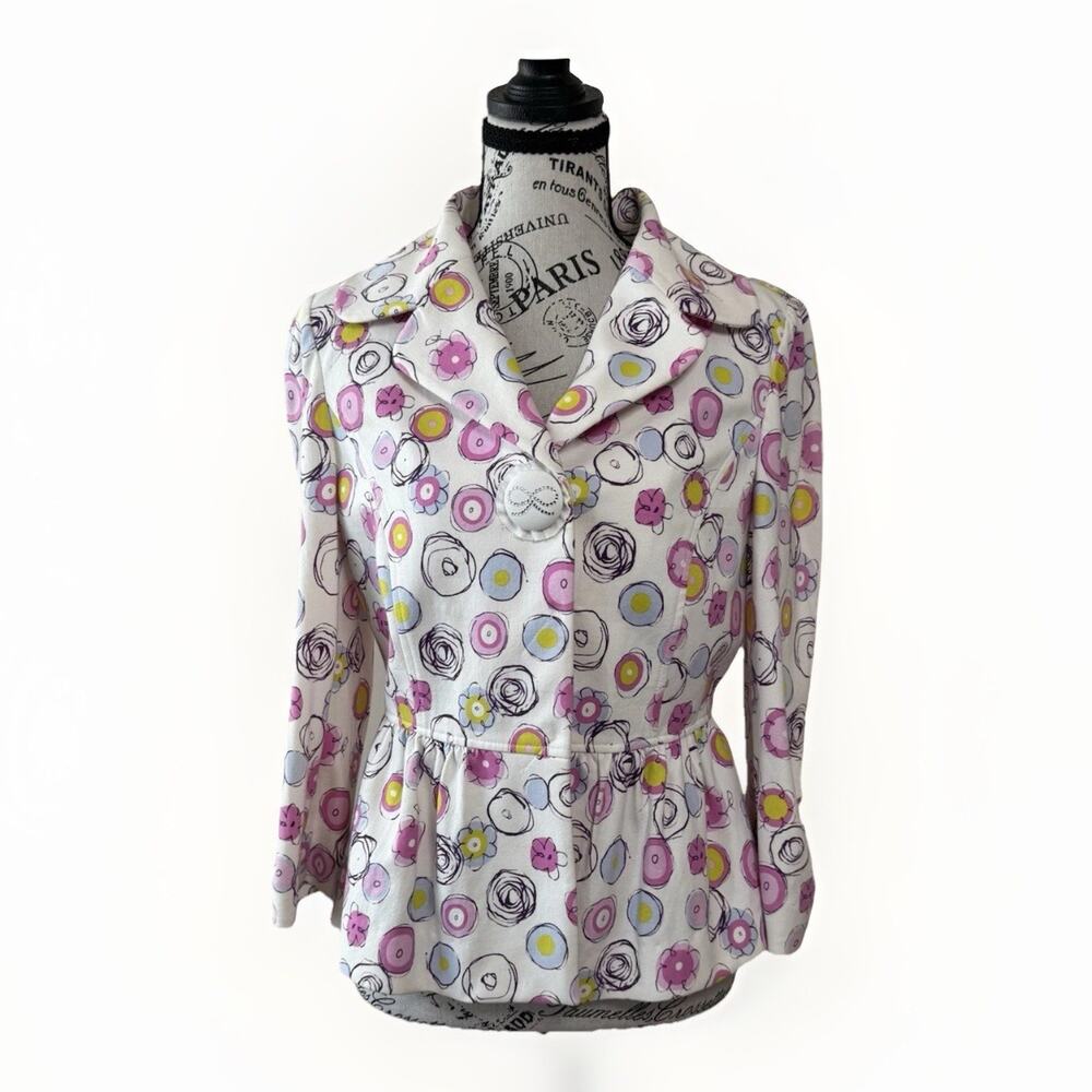 Vintage 80s Geometric Circle Print Peplum Jacket Retro Statement Size M